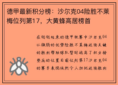 德甲最新积分榜：沙尔克04险胜不莱梅位列第17，大黄蜂高居榜首