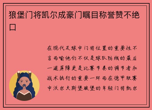 狼堡门将凯尔成豪门瞩目称誉赞不绝口