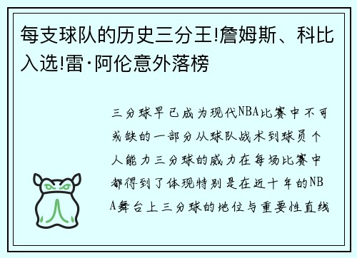 每支球队的历史三分王!詹姆斯、科比入选!雷·阿伦意外落榜